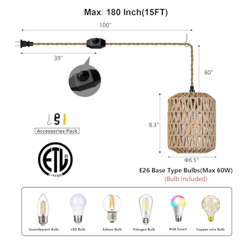 Image of Plug in Pendant Light with 6W LED Bulb Warm Light(3000K) Dimmable Switch Cute Rattan Hanging Lamp Cord 15ft Hand Woven Plug in Chandelier Boho Hanging Lights Fixture for Bedroom Kitchen
