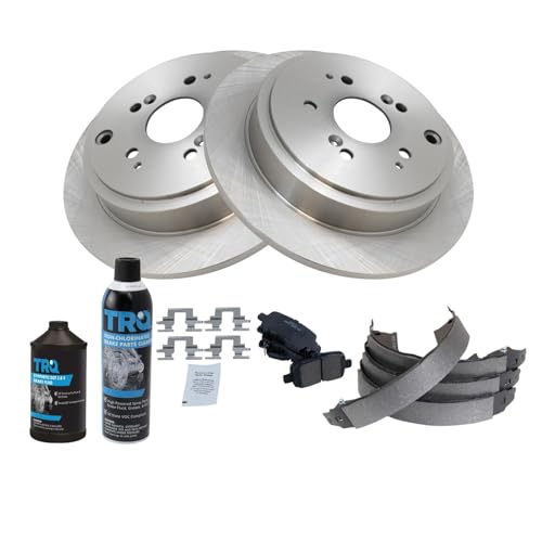Image of TRQ Rear Brake Pad & Rotor Kit, with Chemical Kit Parking Brake Shoe Set Ceramic Compatible with 2003-2008 Honda Pilot