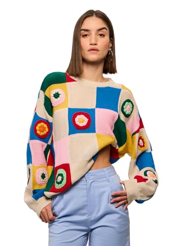 Image of The Souled Store Dahlia Women and Girls Long Sleeves Round Neck Multicolor Color Blocked Acrylic Oversized Sweaters