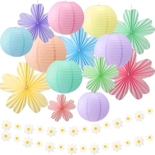 Fuyoooo 23 Pcs Pastel Classroom Decor Kit Summer Birthday Party Decoration Pastel Paper Lanterns Paper Flowers Fans Daisy Banner for Summer Birthday Wall Baby Shower Wedding Party Classroom Decoration