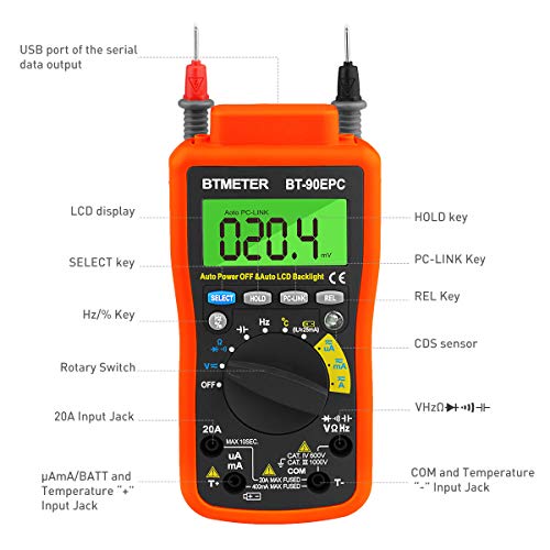 Image of BTMETER BT-90EPC Digital Multimeter, Auto-Ranging AC /DC Volt Amp Ohm Temperature Electric Multi-Tester, w /USB to PC Link Sync for Data Logging