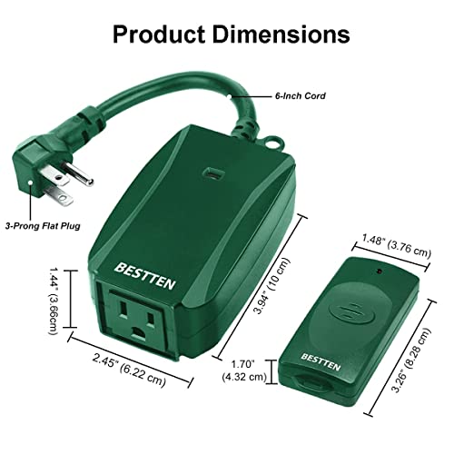 Bestten Remote Control Outdoor Outlet Switch With 6-Inch Heavy Duty Power Cord, 15A/125V/1875W, Etl Certified, Green #TOP7