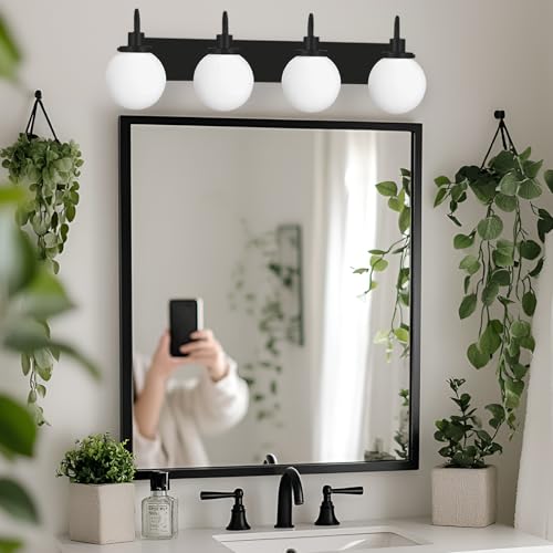 Image of Yaohong Bathroom Light Fixtures Over Mirror, 4-Light Matte Black Vanity Light with Milk White Globe Glass Shade, Mid Century Modern Vanity Lighting Fixtures