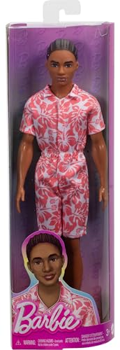Image of Barbie Fashionistas Ken Doll #235 with Braided Brown Hair, Wearing Coral Jumpsuit with Hawaiian Print and Green Sandals