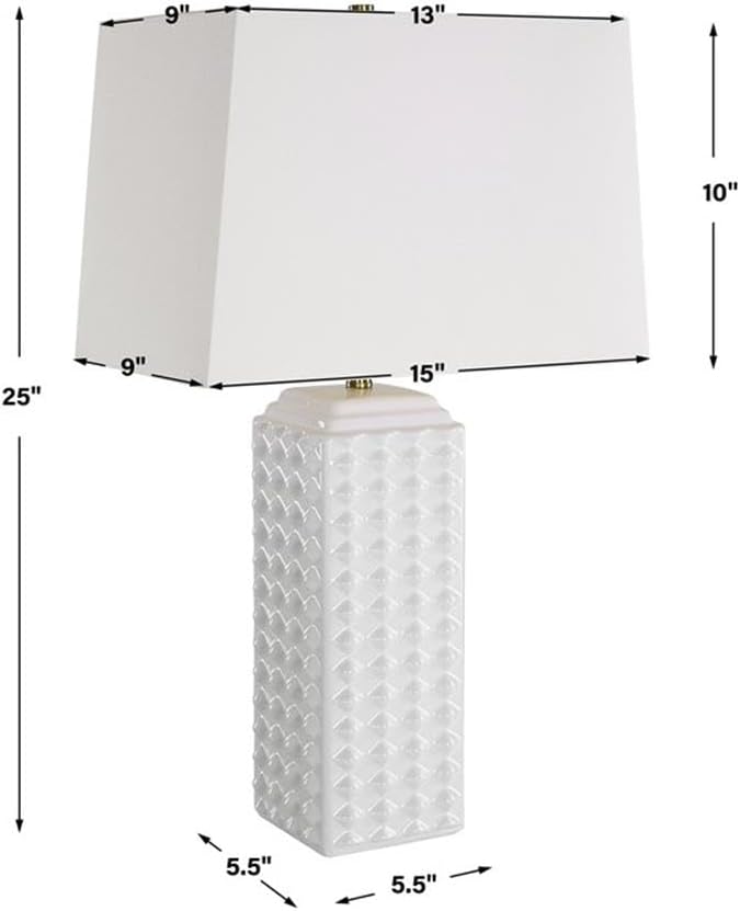 BOWERY HILL Ceramic Table Lamp, 25" H x 15" W x 9" D, Gloss White Finish, Organic Diamond Knob Design, Rectangular White Linen Shade, Contemporary Style Lamp for Living Room, Bedroom or Office Decor