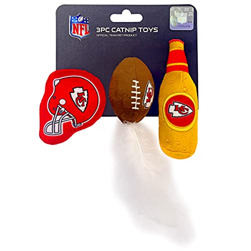 Best Plush CAT Toy - NFL Kansas City Chiefs Complete Set of 3 Piece Cat Toys Filled with Fresh Catnip. Incld: 1 Helmet Cat Toy, 1 Football Cat Toy with Feathers, & 1 Beer Bottle. Beautiful Team Logos