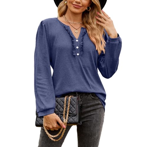 Jersey de Manga Larga, Camiseta de Otoño con Cuello en V para Mujer, Color Sólido Informal para Uso Diario (XXL)