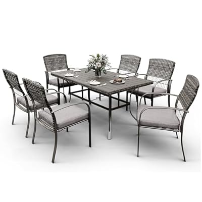 Pamapic Patio Furniture Set, 7 Piece Outdoor Dining Set, Outdoor Wicker Furniture Set with Removable Cushions for Backyard Garden Deck/Iron Slats Table Top (Grey)