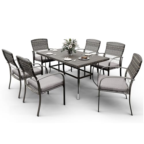 Pamapic Patio Furniture Set, 7 Piece Outdoor Dining Set, Outdoor Wicker Furniture Set with Removable Cushions for Backyard Garden Deck/Iron Slats Table Top (Grey)