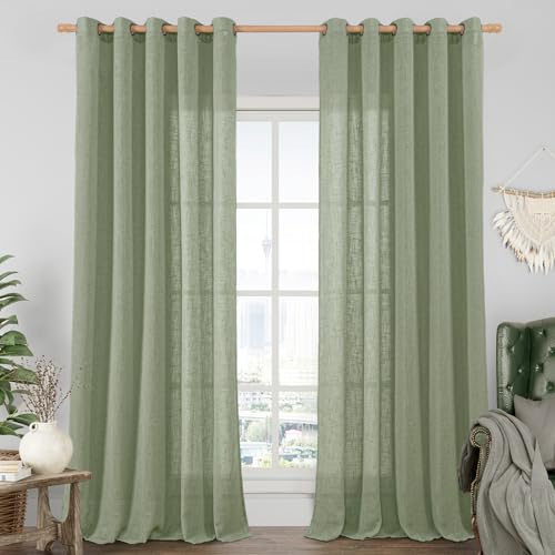 Image of LAMIT Sage Green Linen Sheer Curtains 84 inch for Living Room, Linen Textured Light Filtering Drapes Bronze Grommet Boho Panels for Farmhouse /Living Room, 2 Panels, 60 x 84 Inch