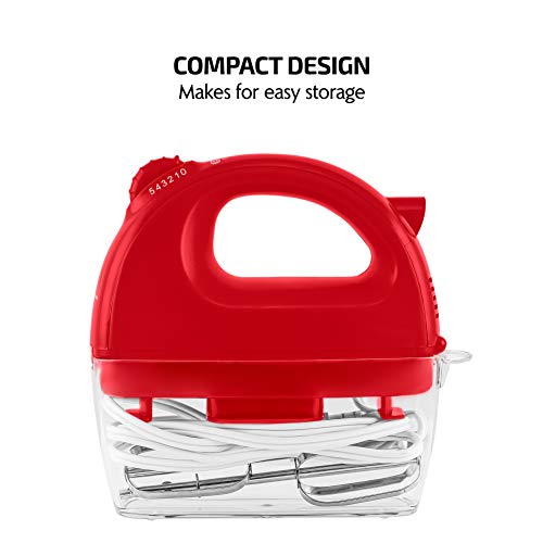 Image of OVENTE Portable Electric Hand Mixer 5 Speed Mixing, 150W Powerful Blender for Baking & Cooking with 2 Stainless Steel Chrome Beater Attachments & Snap Clear Case Compact Easy Storage, Red HM161R