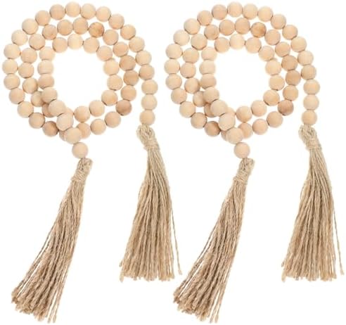 2Pcs 34in Farmhouse Wood Beads Garland, Natural Wooden Beads with...