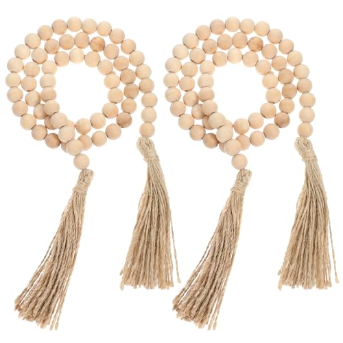 2Pcs 34in Wood Bead Garland with Tassels, Natural Wooden Beads Garland, Boho Decorative Beads Home Decor for Coffee Table, Wall, Shelf, Tray, Vase, Living Room, Bedroom