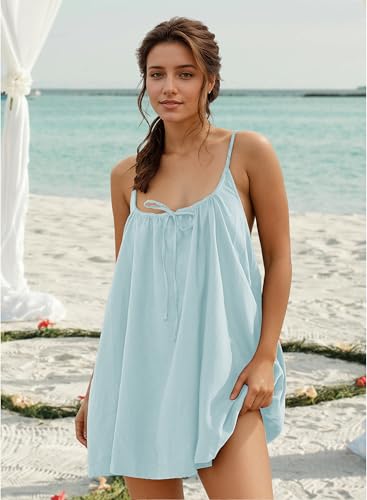 Image of YUENIU Womens Sundresses Mini Linen Beach Cover Up Tank Summer Casual Spaghetti Strap Sleeveless Dress with Pockets