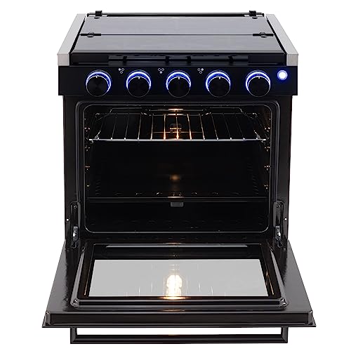 Image of RecPro RV Stove | Gas Range 21 inch Tall | 3 Burner | 1.8 Cu. Ft | 7100 BTU | Optional Vented Range Hood | Black or Silver Color Options (Black, with Vented Range Hood)