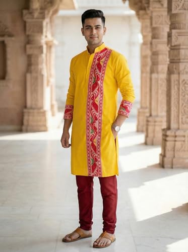 Image of Men's Jamdani Printed Kurta Pajama Set | Pure Cotton Ethnic Kurta with Mandarin Collar & Dupion Silk Pyjama | Festive & Weddings 303A12A 303SB12B(M XXL)