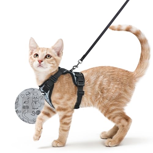 Image of rabbitgoo Cat Harness and Leash Set, Escape Proof Vest, Doodle Gray | Soft Breathable Mesh, Easy Adjustable Fit, Snap Buckles, Sturdy Clip, Reflective Strips, for Small & Average Cats Walks, Xs