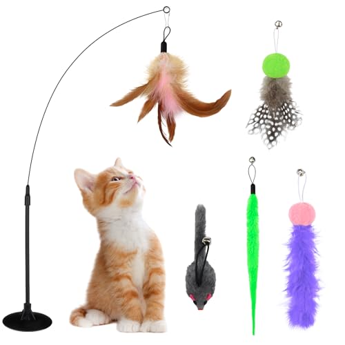QUOZUO Juguetes para gatos de interior, juguete interactivo para gatos con ventosa y 5 piezas de repuesto de bolas de plumas y ratones