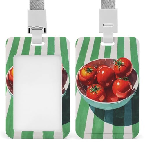 Tazón de tomates en la mesa, soporte retráctil para tarjetas de identificación, protector de tarjetas, placa de nombre, etiqueta de nombre para trabajo, oficina, médico, enfermera