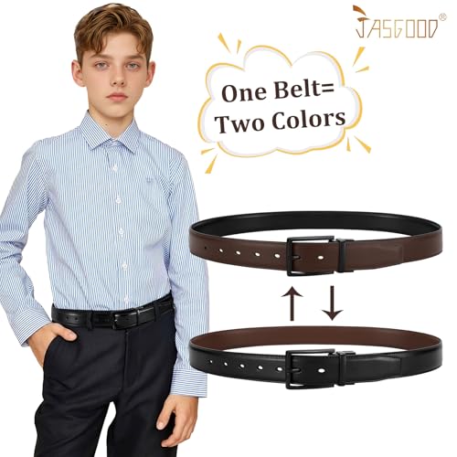 JASGOOD Reversible Boys Belt for Kids Girls Leather Dress Belt for School Uniform Jeans Pants 1.37”Wide,Black/Coffee3