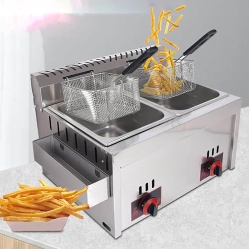 SMRHBWXS Freidora de Gas Comercial, Capacidad de 10Lx2 con Tapa de Seguridad y termostato, restaurantes y Cocina de Papas Fritas de Estilo Familiar
