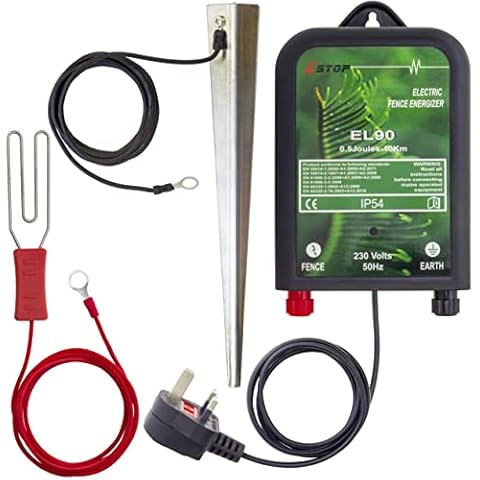 XSTOP 230v Mains Powered Electric Fence Energiser EL90 10Km Range 0.5 Joule Output, Weatherproof Kit Includes Leads and Earth Stake For Horses and Other Animals Cover