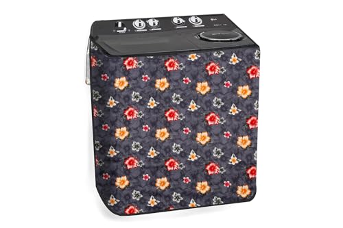 Image of The Furnishing Tree Polyester Waterproof Semi Automatic Washing Machine Cover Suitable for LG 9 Kg, 9.5 Kg & 10 Kg, Dimension DxWxH In Cms: ( 53.3x89x99 ), Floral Pattern Grey