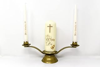 Wedding Candles with Gold Crosses and Bands, Wedding Table Decorations, Catholic Table Centerpiece, Wedding Decorations & Lourdes Prayer Card