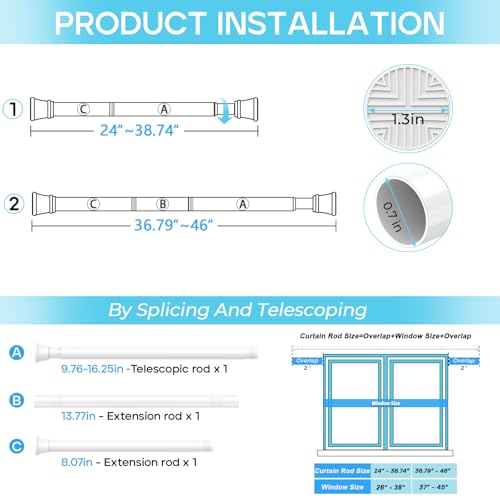 Image of Spring Tension Curtain Rod 24-46 inch, Adjustable Expandable Tension Curtain Rod No Drilling, Tension rods for Window Doorway Kitchen Curtain, White