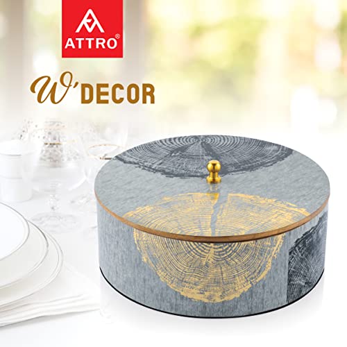 Image of Attro Circle Gold Designer Wooden Round Multipurpose Box with Lid for Kitchen Storage Box, Chapati Box, Chocolate Box