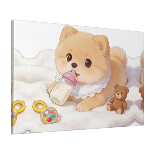 Grande toile de qualité chiens buvant du lait design encadré