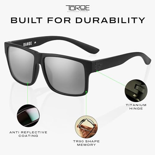 Image of TOROE TR90 Square Frame Grade A Polarized Black Emblem Sunglasses with Anti Reflective Water Repellent Polycarbonate Lenses