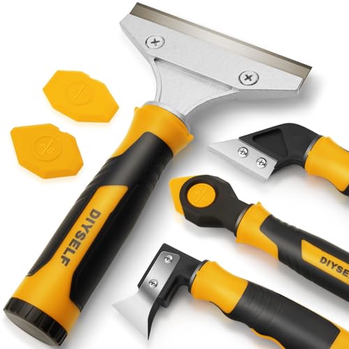 DIYSELF Caulking Tool, 4 in 1 Caulk Remover Tool for Bathroom, Bathtub, Grout, Shower, Tile, Window, Razor Scraper Tool for Cleaning, Silicone Caulk Removal Tool (Yellow)