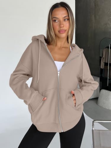 Image of Trendy Queen Womens Zip Up Hoodies 2026 Oversized Sweatshirt | Spring Fall Layering Jacket with Pockets, Casual Track Outfits, Cozy Fleece Winter Clothes