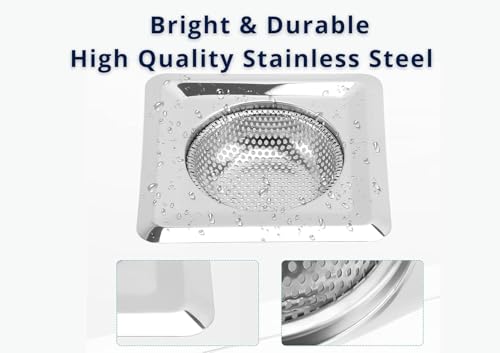 Image of Square Stainless Steel Kitchen Strainer, Sink Jali, Drain Filter, Wide Rim Anti Clogging Mesh Drain Filter Vegetable Hair Catcher Drain Cover, 11.5 cm , 11.5 cm