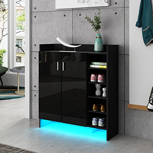 Schuhschrank Flurmöbel 2 Türen mit 4 Verstellbaren Einlegeböden Moderner Hochglanz Schrank Schuhregal Ständer Organizer mit LED-Licht, Schwarz