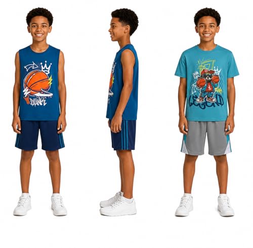 Image of Pro Athlete Boys Short Sets - 4 Piece Performance Graphic Tees and Tank Tops with Matching Boys Athletic Shorts (Sizes: 8-16)