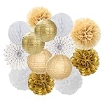 White Gold Party Decorations Streamers - 14pcs Christmas Wedding Engagement Paper Lanterns Fan,Tissue Pom Poms,Honeycomb Balls,Bachelorette Neutral Birthday Baby Bridal Shower Decor Lasting Surprise