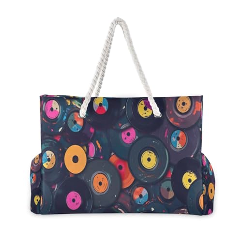 Vinyl Record Beach Bag with Top Zipper Closure, Waterproof Pool Bag, Large Beach Tote for Women#1122