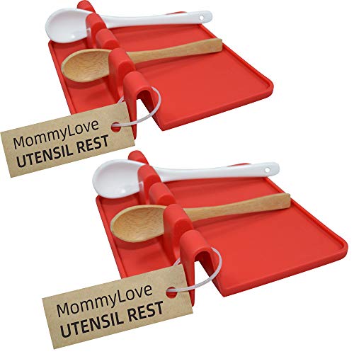 Spoon Rest Kitchen Utensil Holder, 2Packs Red Silicone Spoon Rests for Multiple Utensils - Heat Resistant & Dishwasher Safe, Kitchen Utensil Rest/Spoon Holder for Stove Top, Chopstick, Spatulas, Knife