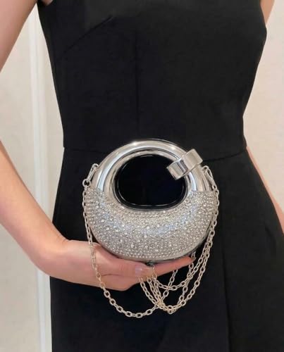 Image of Crystal Embellished Evening Clutch Bag with Curved Handle, Rose Gold Metallic Finish, Detachable Chain Strap, Mini Size