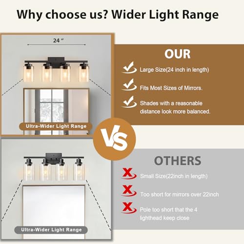 Image of IZORRO Bathroom Light Fixtures, Modern Vanity Lights, Bathroom Lighting Fixtures Over Mirror with Clear Glass Shade, Wall Sconce for Living Room Cabinet Bedroom (Matte Black, 4-Light)
