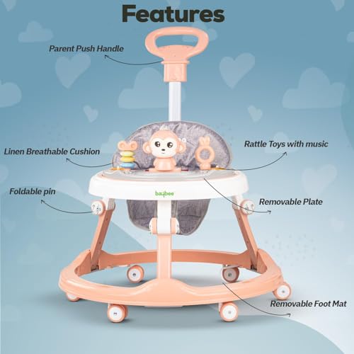 Image of Baybee Drono Pro Baby Walker for Kids with Push Handle, 4-Level Height Adjustment, Musical Toy Bar| Round Activity Walker for Babies 6-18 Months (Pink)