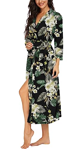 Image of VINTATRE Robes for Women Long Knit Bathrobe XS-4XL | 3 /4 Sleeve Bathrobes with Pockets, Stretchy and Lightweight Fabric, Inner Tie and Fixed Outer Matching Belt, Mid Calf Length