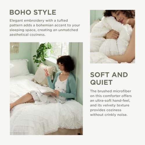 Image of Bedsure Twin XL Comforter Set - Ivory Comforter, Boho Tufted Distressed Vintage Bedding for Kids, 2 Pieces Farmhouse-Style Bed Set for All Seasons, Fluffy Soft Bedding with 1 Pillow Sham