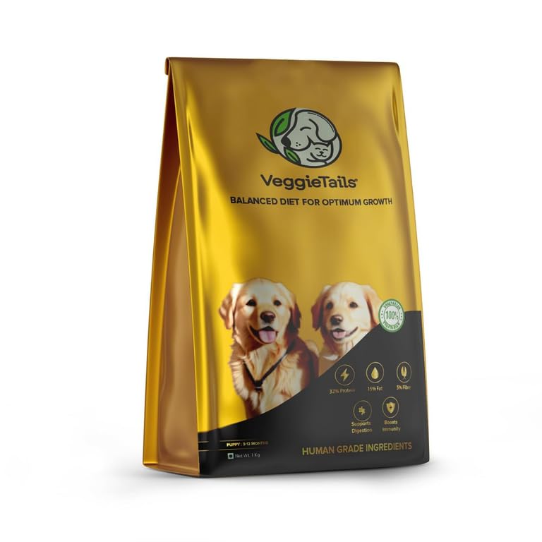 VeggieTails Shop at:- veggietails.in Puppy Starter Dry Dog Food 100% Vegeterian Milk Flavour, Protein Packed, Complete & Balanced Food for Puppies (3-18 Months) - 4 Kg Pack