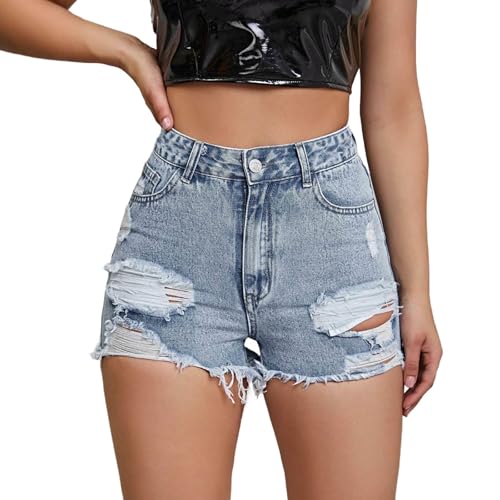 Pantalones cortos de mezclilla para mujer, estilo casual, cintura media, bermudas cortas, dobladillo sin procesar, agujeros rasgados, jeans calientes con bolsillos, Azul 3, M