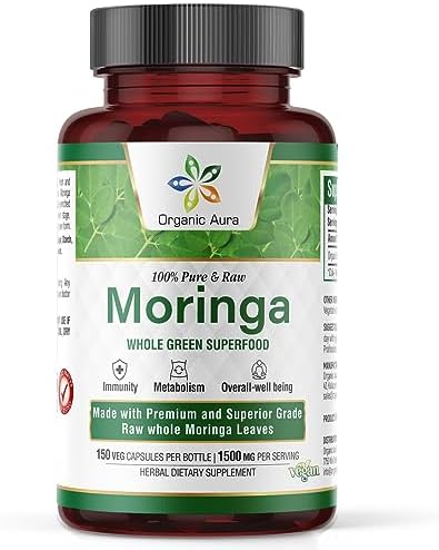 Organic Aura Moringa Leaf Capsules | 1500mg – 150 HPMC Veg | Whole Leaves Green Super Food Nutrition | Naturally Boosts Metabolism, Energy, Health, & Stamina | 100% Pure Safe Moringa |Non GMO.