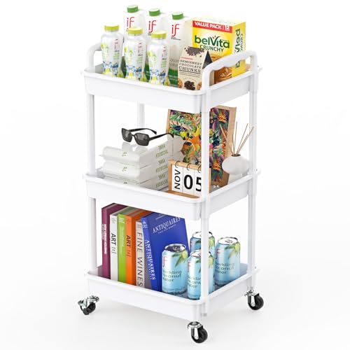 Yeabett 3 Tier Storage Trolley, Utility Cart with Lockable Wheels Multifunctional Storage Cart for Kitchen, Bathroom, Office, Living Room, White