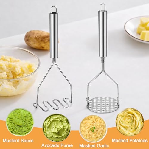 Foto von KELAV 2 Stück Kartoffelstampfer Edelstahl Set, Runde & Gitter-Form, Praktisches Küchenwerkzeug für Cremigen Kartoffelbrei & Mehr